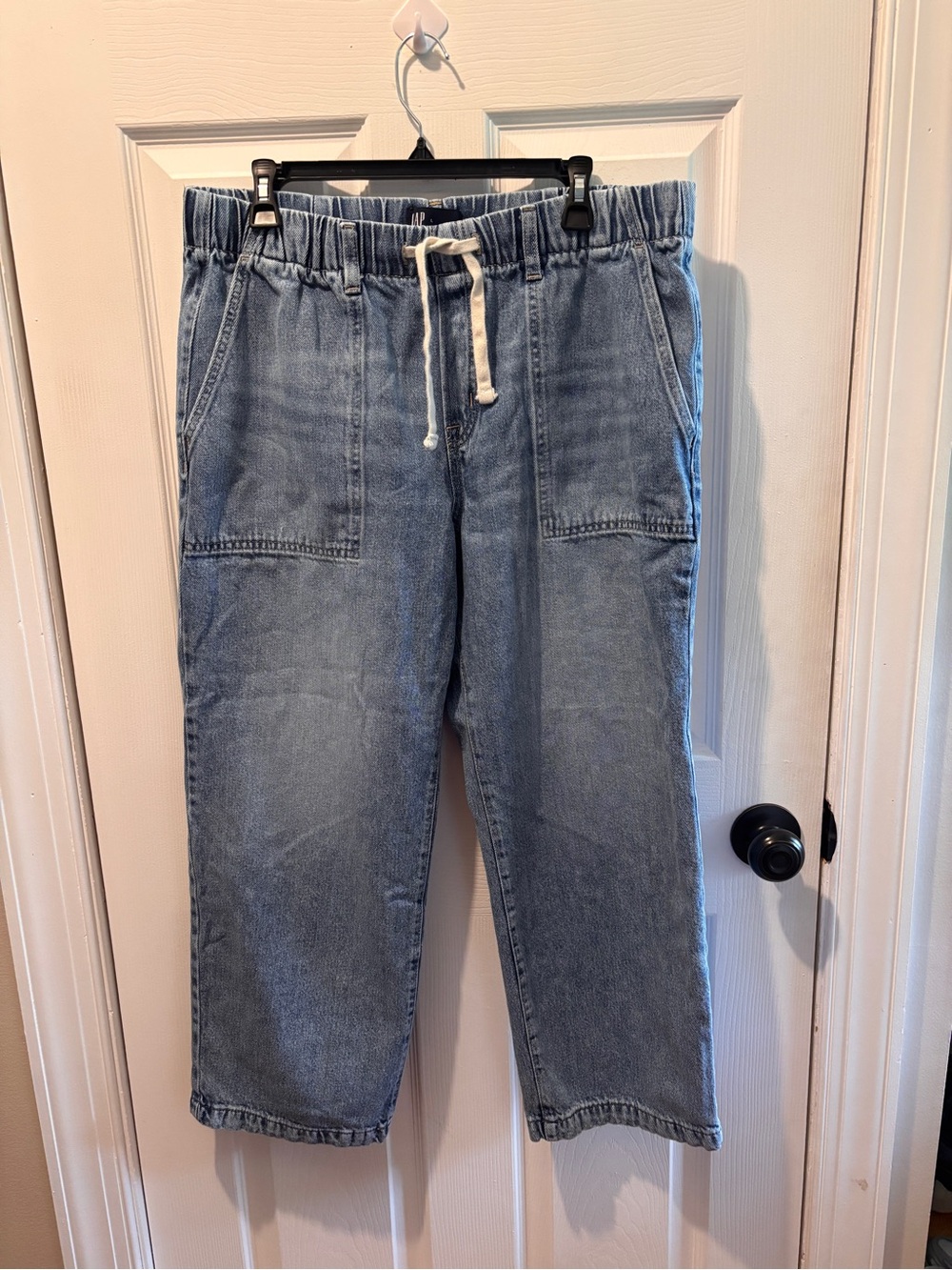 GAP Light Blue Cropped Denim Jogger Pants with White Drawstring